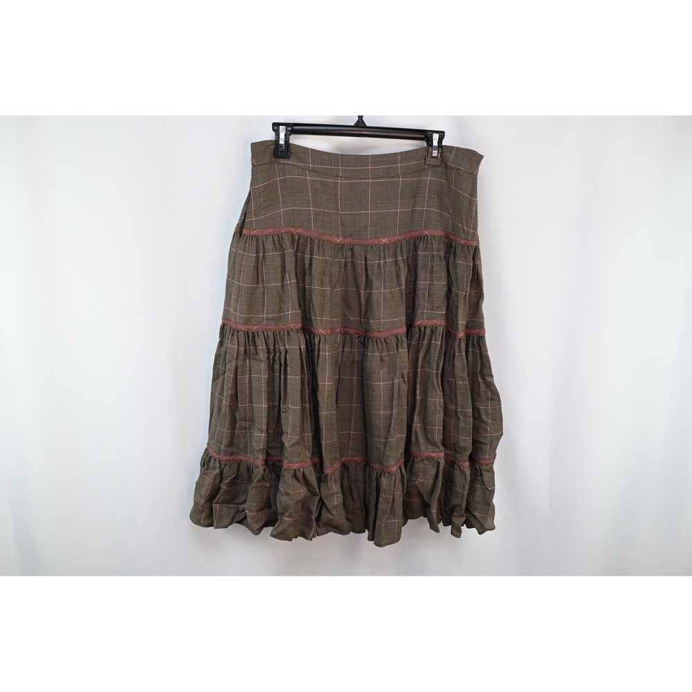 Diane von Furstenberg Brown Plaid Tiered Ruffle Midi Skirt Size 8 Cupro
